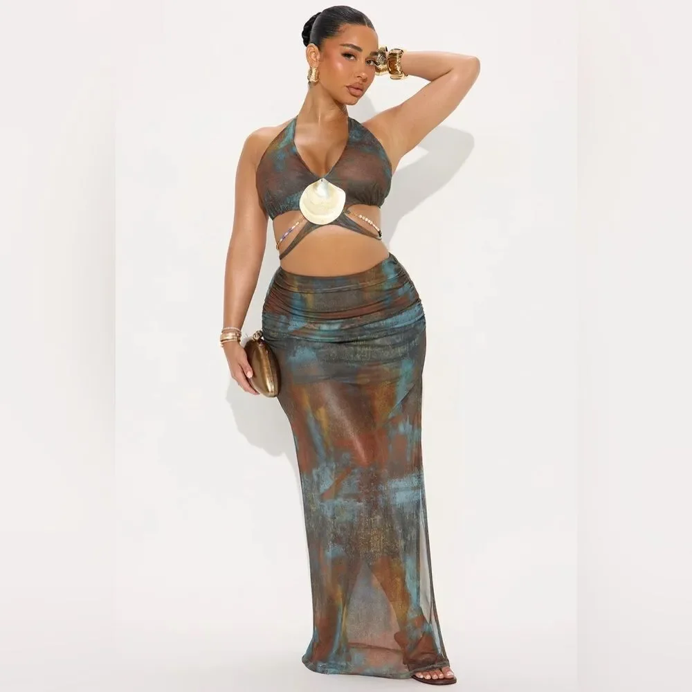 Sea Siren Maxi Skirt Set - Brown/combo